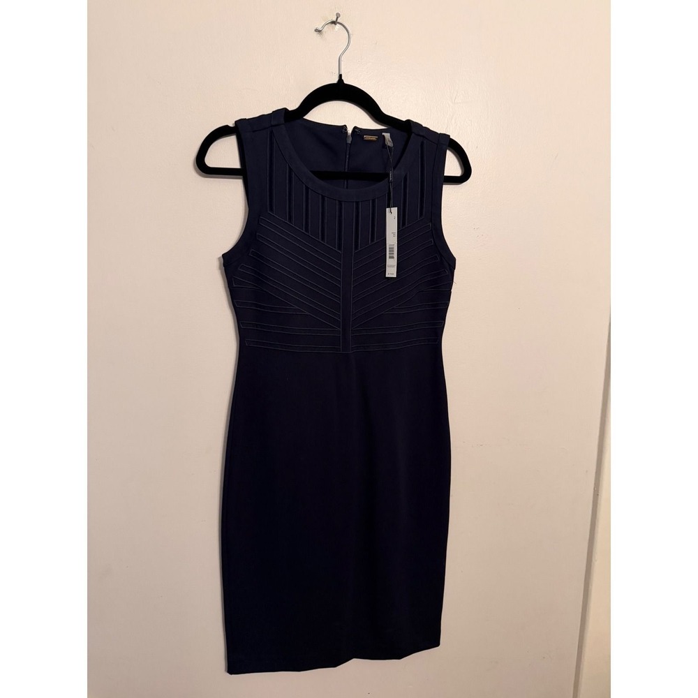T Tahari Navy Mesh Inset Pintuck Sheath Dress Cocktail Minimalist 2 New $118